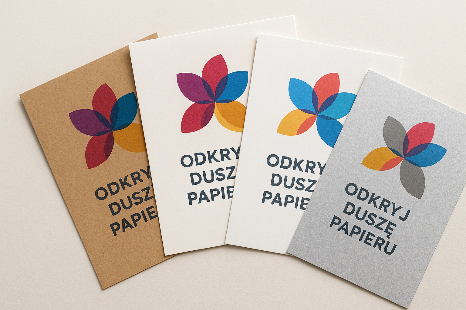 Różne rodzaje papieru do druku – próbki i wzornik podłoży w RGB Druk. Widoczne faktury papierów Munken, ekologicznych i ozdobnych barwionych w masie.